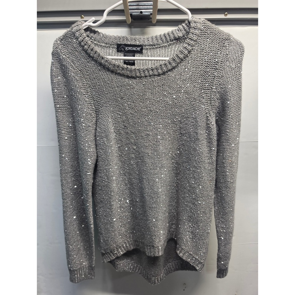 Jordache Silver Metallic Sequin Knit Sweater XL 14-16 High-Low Crew Pullover